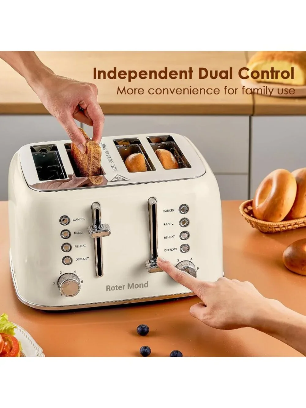 4 Slice Cream White Retro Stainless Steel with Extra Wide Slots Defrost Toaster